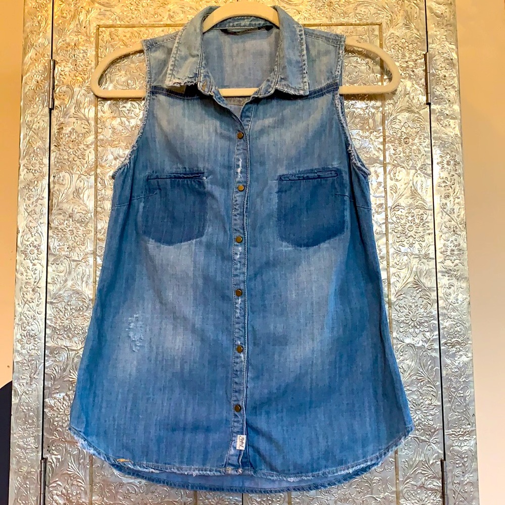 Zara Distressed Denim Sleeveless Button Down Top